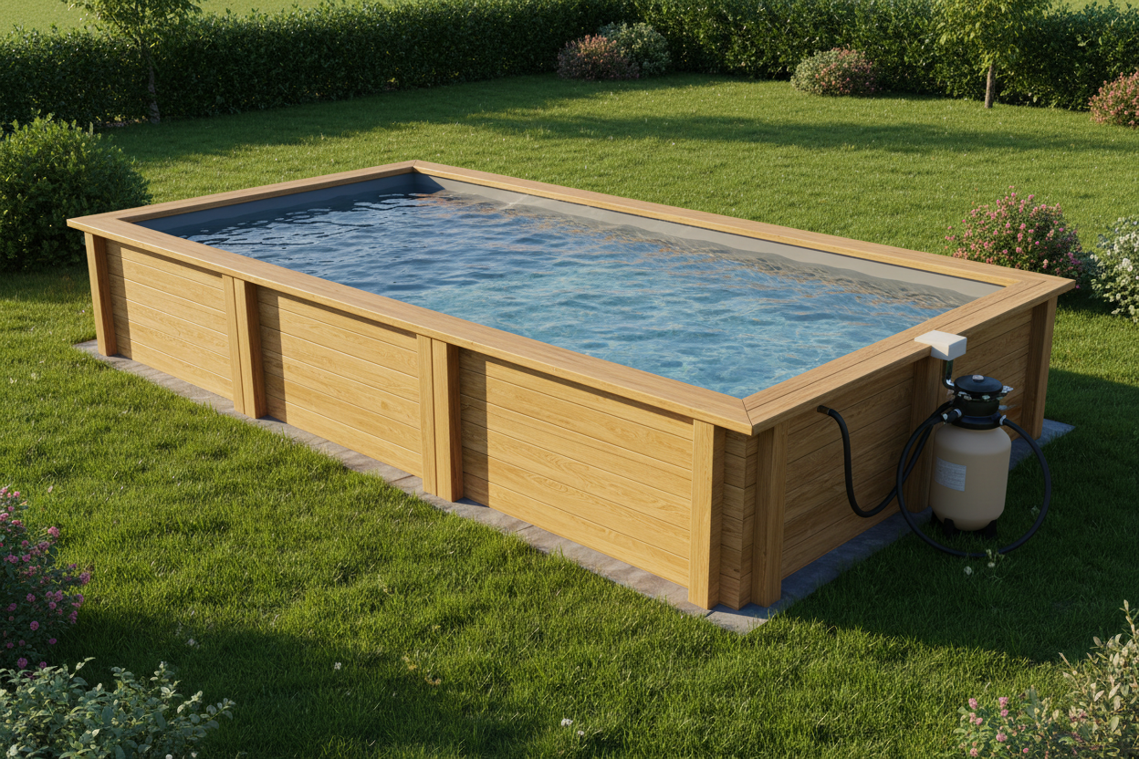Piscina de madeira Braga instalada em jardim